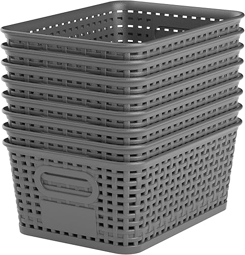 Cestas de almacenamiento de plástico gris  Paquete de 8 con etiquetas apilables y duraderas, contenedores de almacenamiento para organizar
