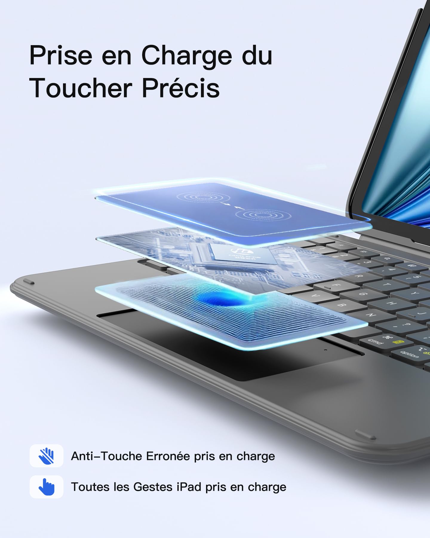 Inateck Coque Clavier iPad Ultra-léger & Aimanté Détachable, Pavé Tactile - A16 11" 2025, 10e 10.9" 2022, 2026 Air 11 M4/M3/M2, Pro 11 4e-1re - AZERTY Gris Ace Touch