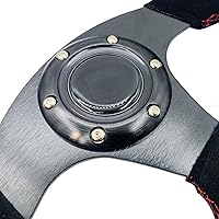 Vista 4 de Volante de carreras de 13"325mm en forma de D, de piel de ante, con franja roja, estilo carrera, fondo plano, con costuras rojas y botón de bocina