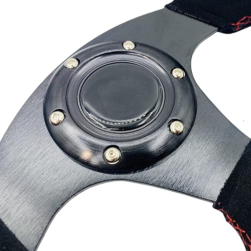 Miniatura 4 de Volante de carreras de 13"325mm en forma de D, de piel de ante, con franja roja, estilo carrera, fondo plano, con costuras rojas y botón de bocina