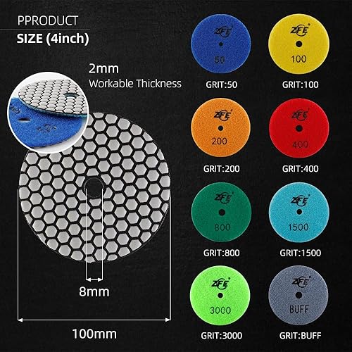Miniatura 2 de Juego de 9 almohadillas de pulido en seco de 4 pulgadas y 3.937 in con placa de respaldo de 5/8 pulgadas - 11 para granito, hormigón, mármol,