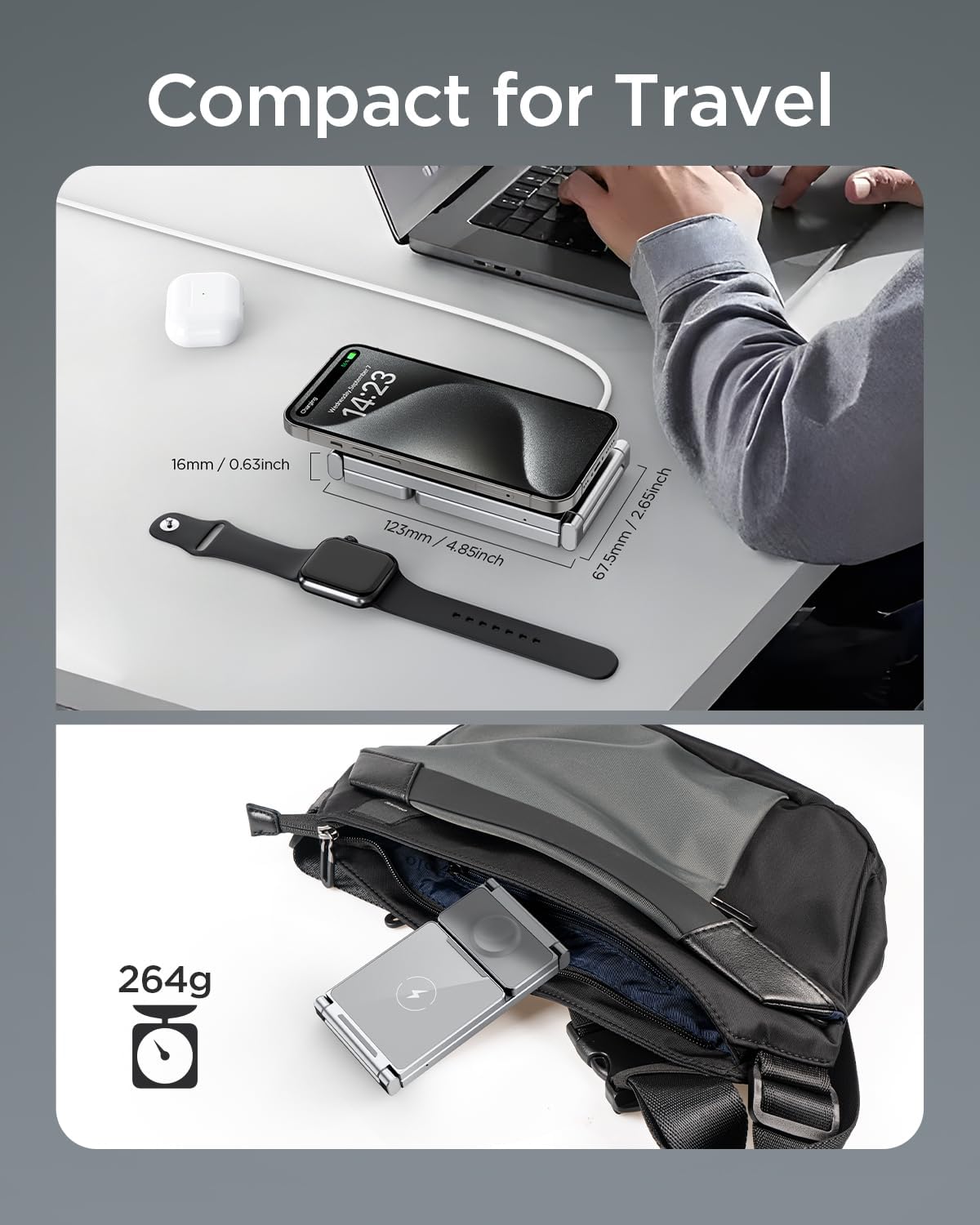 Magnetic Charging Station,Hohosb 3 in 1 Foldable Zinc Alloy Wireless Charger Stand[Compatible with Magsafe Charger] for iPhone 15/14/13/12 Series,AirPods Pro/3/2,Apple Watch/iWatch(Titanium Grey)