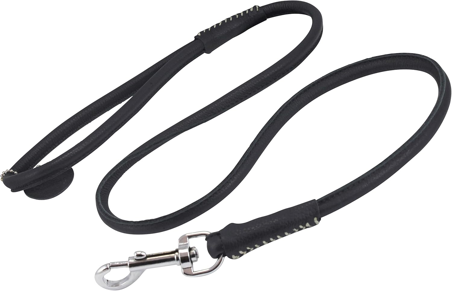 Round Genuine Rolled Leather Dog Leash 4' Long 1/2" Wide Black for Medium Breeds