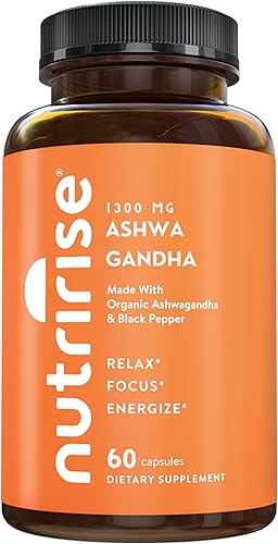 NutriRise Cápsulas orgánicas de raíz de ashwagandha con pimienta negra, 1300 mg, estrés y estado de ánimo naturales, suplemento de apoyo para la disponible en Yaxa El Salvador