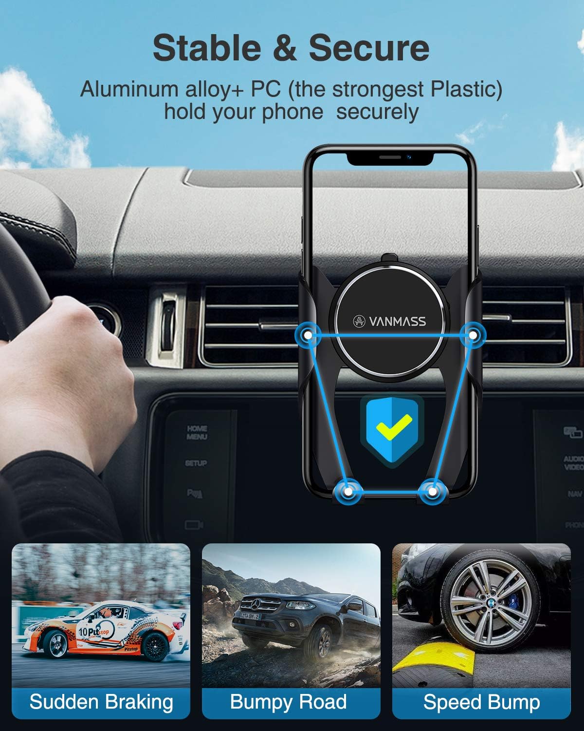 VANMASS Car Phone Holder Universal Car Vent Phone Mount Upgraded Air Vent Phone Holder for Car,0.5s Slide in&Out Cell Phone Car Mount Fit for iPhone Xs Max/XR/X/8, Samsung Note 20 10 S20 S10 S9