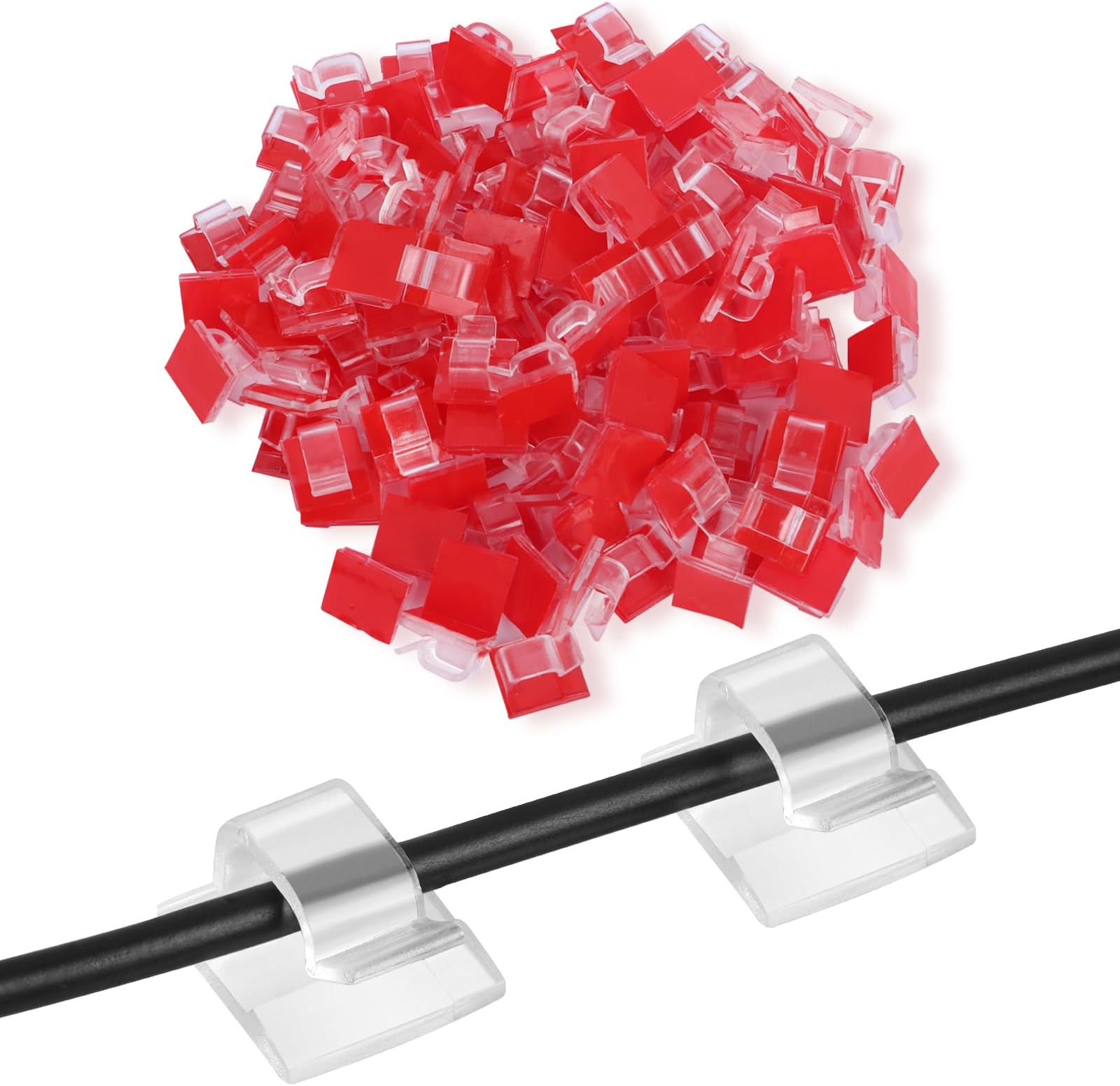 Minicoco Adhesive Cable Clips Outdoor Light Wire Clips, Cable Tidy Hooks Cord Organiser Holder, for Cable Management, Christmas Hanging Decorations Fairy Light,Car, Under Desk(Clear, Red) (60 PCS)