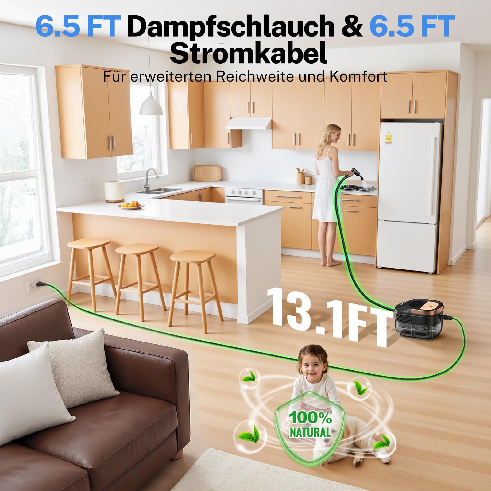 ODSD Dampfreiniger für Haushalt und Auto, 3-stufig einstellbarer Dampfreiniger, 15 Sekunden Aufheizzeit und 1,6 l großer Tank, Handdampfreiniger für Autos, Haushalt, Küche, Fenstern,Boden