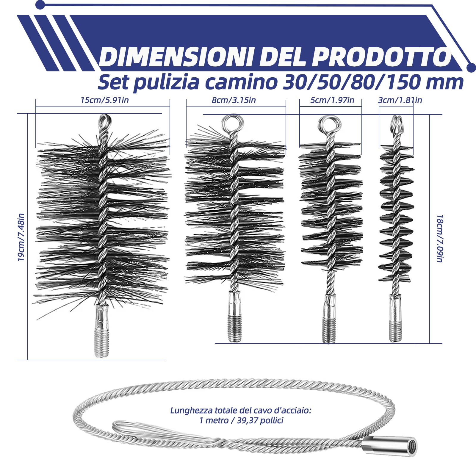 Set di spazzole per camino 4 pezzi con spazzole da 30/50/80/150 mm, incl. 1m di filo di acciaio e stanga di spinta – Spazzola per camino per la pulizia di canne fumarie, tubi per stufe e tubi di