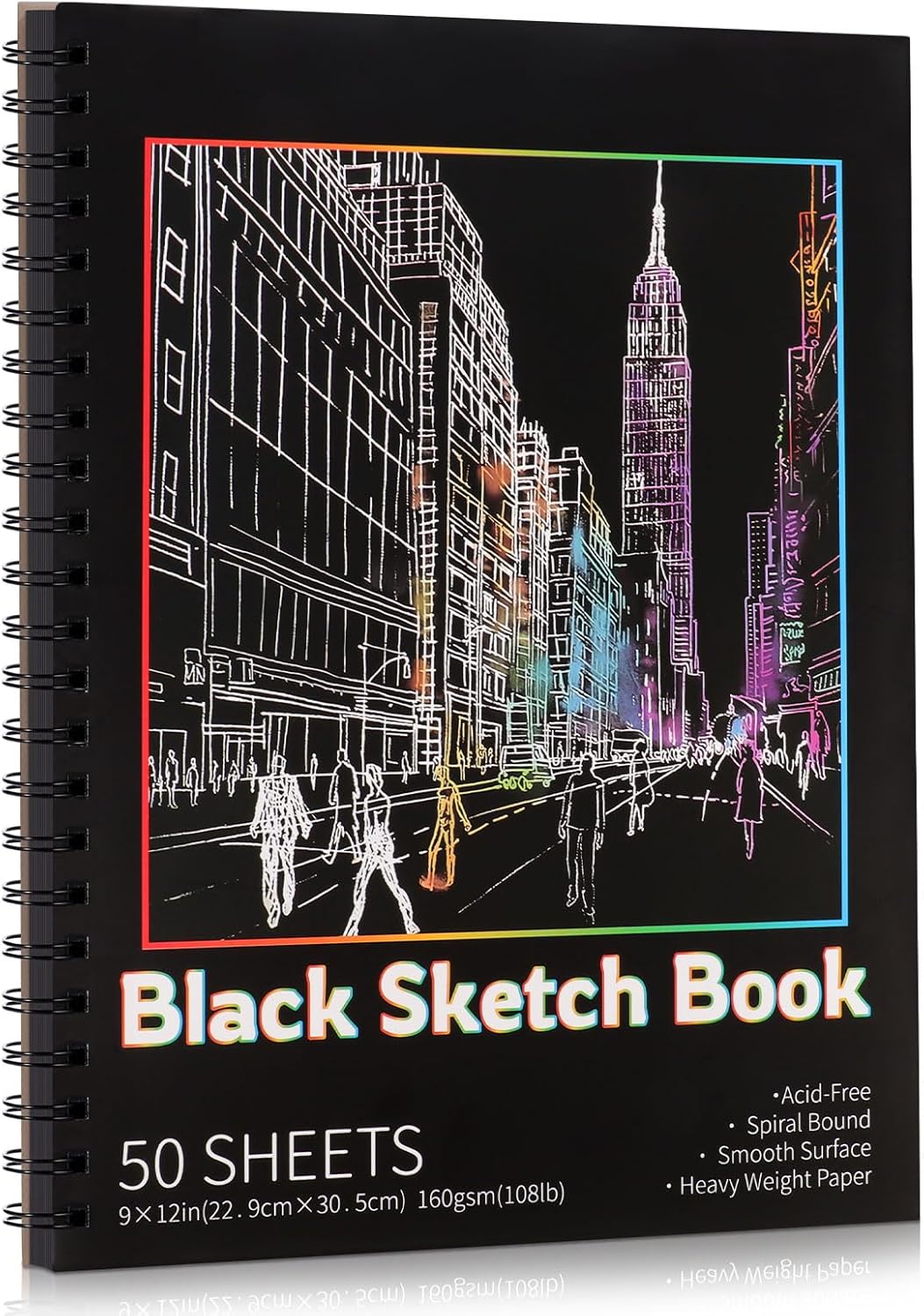 Prudiut Black Paper Sketchbook 50 Sheets 9x12in 160gsm Heavyweight Acid-Free Spiral Bound for Artists Kids Teens