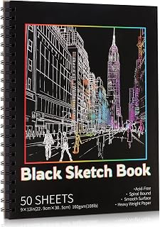 Prudiut Black Paper Sketchbook 50 Sheets 9x12in 160gsm Heavyweight Acid-Free Spiral Bound for Artists Kids Teens