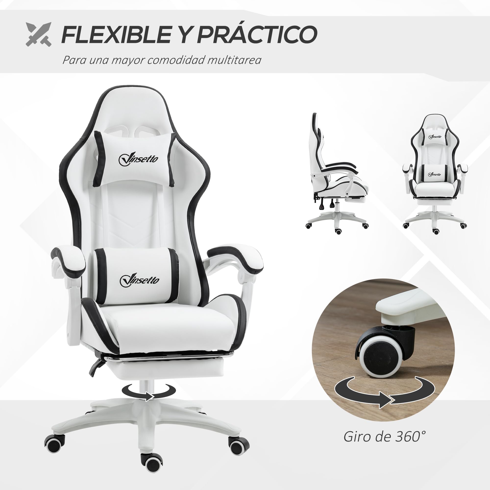 Vinsetto Sedia Da Gaming Corsa Reclinabile - Pelle PU Bianca E Viola - Seduta Girevole 360° Con Poggiapiedi E Cuscini - Peso Max 120 Kg