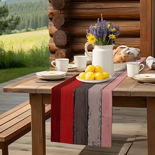 Miniatura 219 de Camino de mesa de algodón y lino estilo granja rústico retro, textura de madera de granero, color degradado marrón y gris, antideslizante,