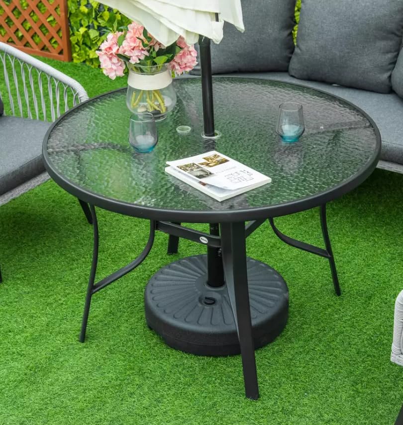 Round Garden Table Large Glass Dining Furniture Outdoor Metal Patio Bistro Deck Porch Circular Conservatory Parasol Umbrella Hole Lawn