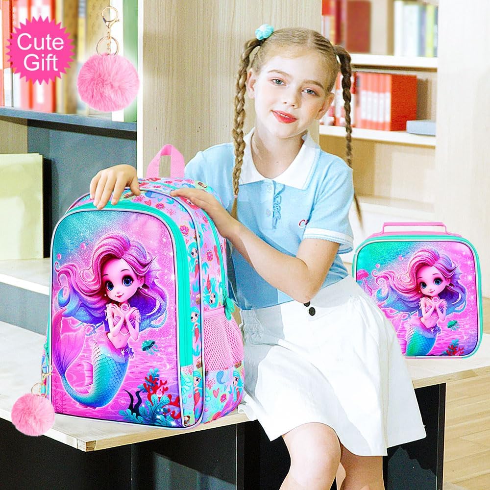 KLFVB 3PCS Mermaid Backpack, Water Resistant Kids Bookbag with Lunch Box for Girls, 16" Preschool Backpacks for Elementary - Mermaid Pink