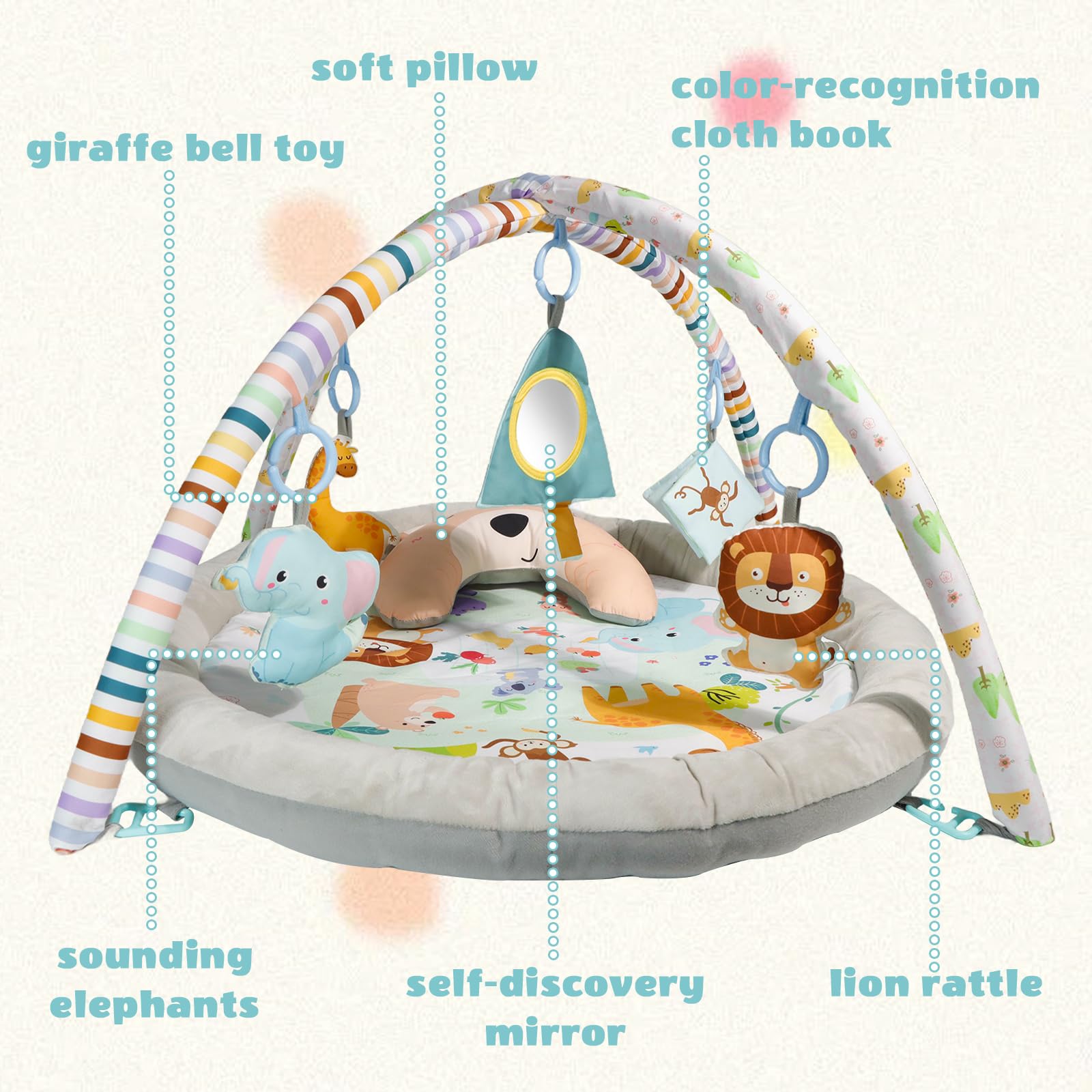 Tapis de jeu de bébé, Gymnase de jeu de bébé, Tapis de jeu en peluche avec 6 jouets et Coussin de lune, Gymnase de bébé de conception de Zoo détachable pliable pour les bébés âgés de 0 à 18 mois.