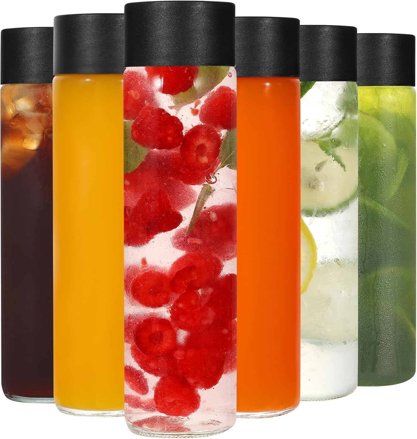 Danmu Glass Juice Bottles with Lids 12 oz,Juicing Bottles Reusable Glass 100% Leakproof for Juicing,Water,Kombucha,Milk,Milkshake,Coffee,6 Pack,Dishwasher Safe