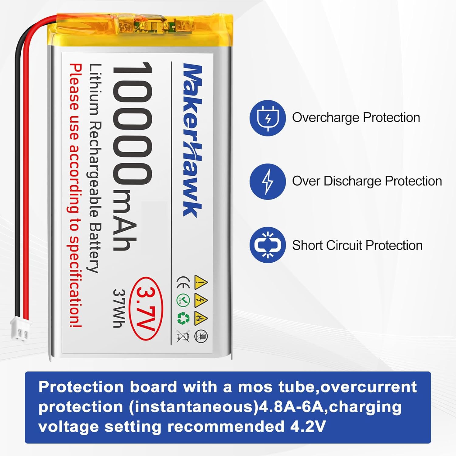 MakerHawk 3.7V LiPo Battery 10000mAh 1163115 Rechargeable 1S Polymer Battery with Protection Board Insulated Rubber Tape, JST 2.54 Connector for Raspberry Pi Arduino ESP32 Development Board (2 Pack)
