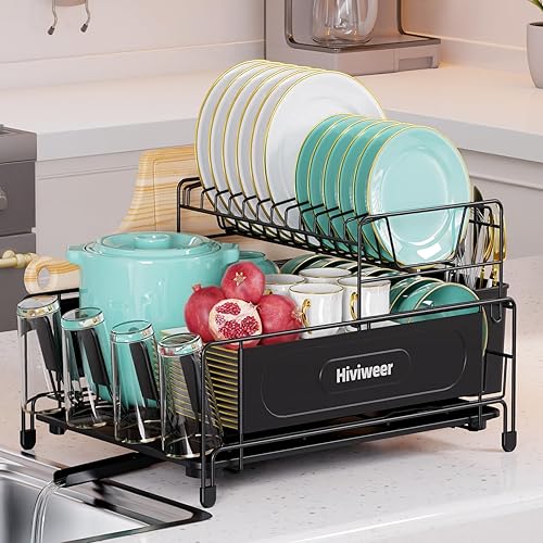 Hiviweer Escurridor de platos, escurridor de platos para encimera de cocina, escurridor de platos de 2 niveles con cubiertos y soporte para tazas,
