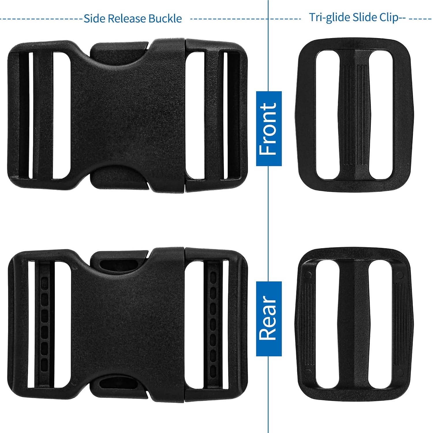 2" Heavy-Duty Buckle & Straps Set: 6-Pack Side Release Plastic Buckles+11 Yards of Thick Nylon Belt 2 Inch Wide+12 Pcs Tri-Glide Slide Clips, Replacement for Backpack Luggage Strap Pet Collar