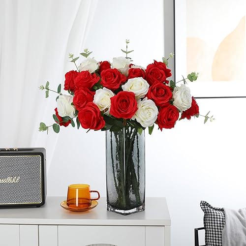 Miniatura 6 de Tifuly Rosas artificiales con tallos largos, 12 unidades, rosas falsas realistas, flores de seda estilo mashup para ramos de bricolaje, centros de