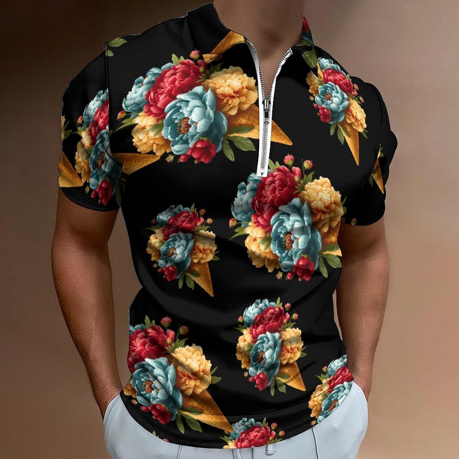 Ice Cream Flower Men's Polo Shirts Golf Short Sleeve Tops | Casual Workout,Golf T-Shirt,Zippered Tee,Collared,Print