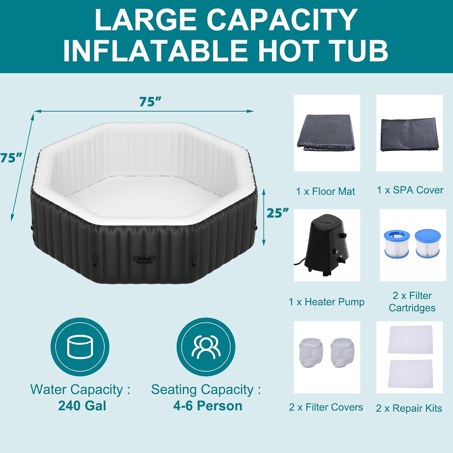 75" X 75" X 25" Hottub, 4-6 Person Inflatable Hot Tub, Portable Blow Up Hot Tub Octagonal Portable Outdoor Spa with 130 Bubble Jets and Heater Pump, Filter