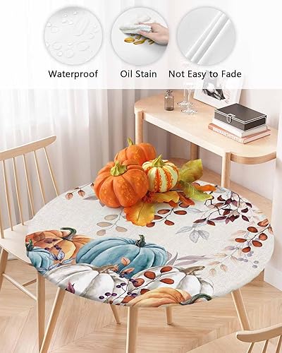 Miniatura 9 de Mantel redondo ajustable con diseño de hojas de otoño para mesas de comedor, mantel elástico con bordes de hojas de otoño, calabaza, impermeable, a