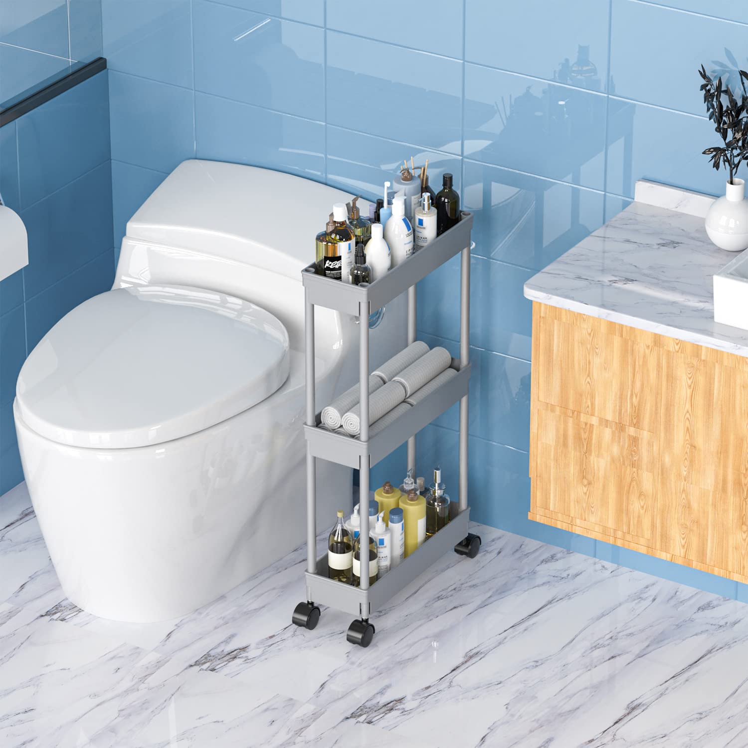Sooyee Chariot de Rangement Fin à 3 Niveaux pour Salle de Bain, Chariot de Rangement Coulissant, étagère Mobile pour Bureau, Salle de Bain, Cuisine, buanderie, endroits étroits, Gris