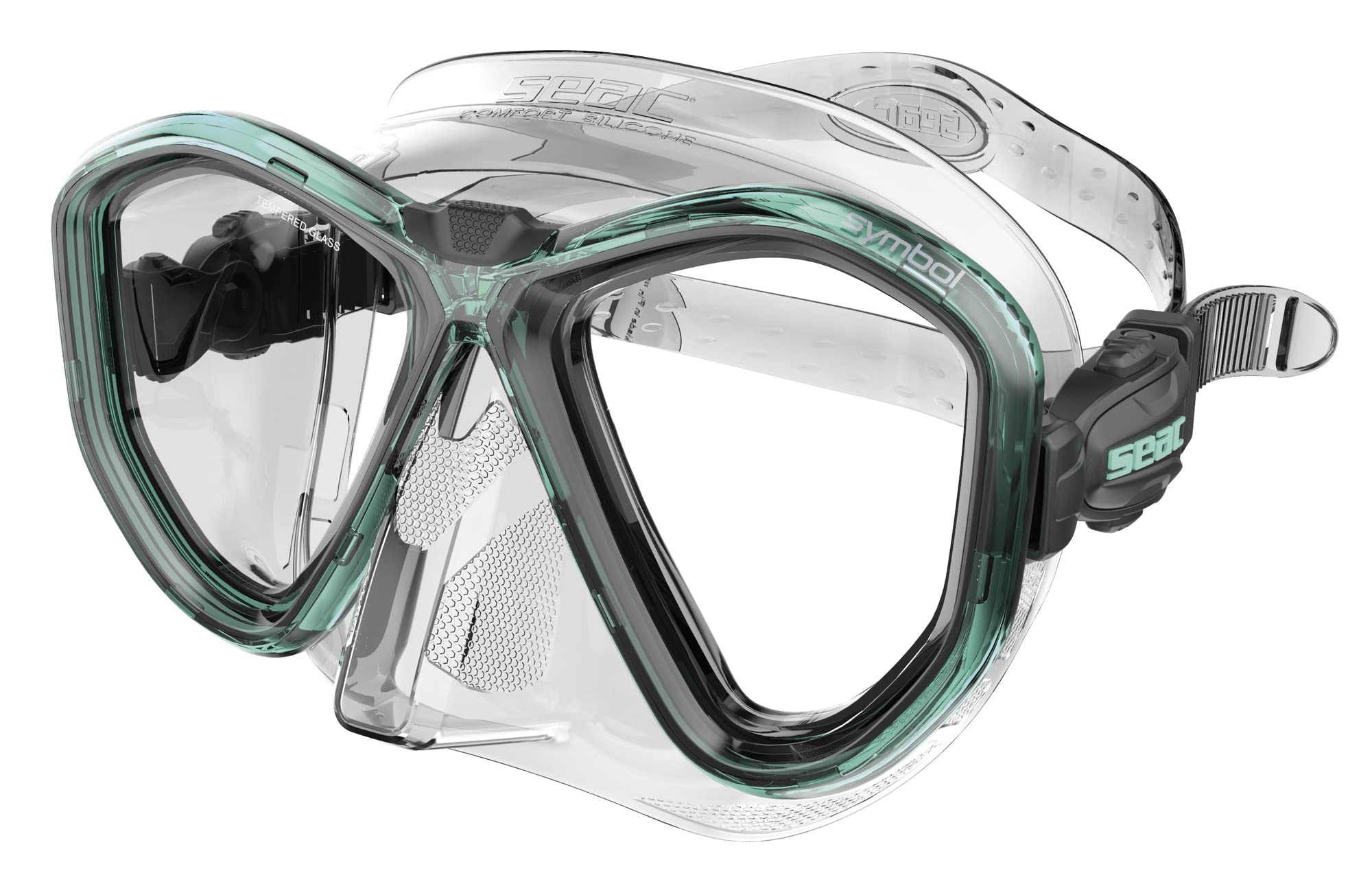 Seac Symbol, Masque de plongée Made in Italy à lentilles symétriques avec Boucle 3D Directement sur Le Visage, Transparent/Bleu Clair, Standard
