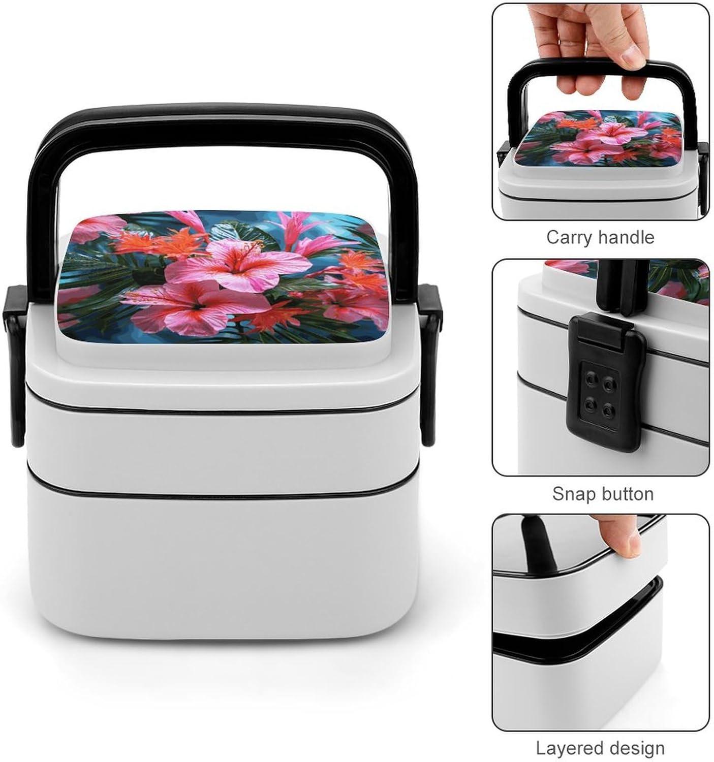Bento Box with Spoon And Handle Pink Flower Tropical Plant Printed Stackable Bento Box Portable Bento Lunch Box Container for Work Camping And Travel