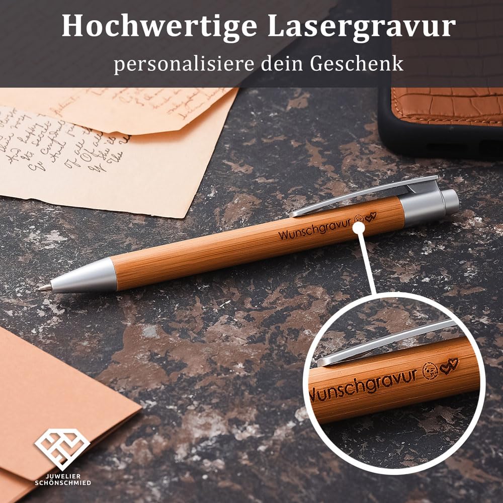 Juwelier Schönschmied 50x Kugelschreiber aus Bambus inkl. Wunschgravur | Emoji Gravur | Werbekugelschreiber personalisiert | Umweltfreundlich | blauschreibend | ø11 x 142 mm (50), (PS206)