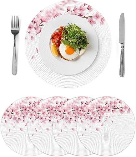 Miniatura 8 de Juego de 4 manteles individuales redondos con diseño floral rosa, lavable, tejido con diseño de flor de cerezo, flor de sakura, rama de árbol,