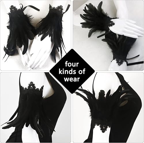 Miniatura 6 de Guantes de plumas de encaje negro para mujer, accesorios de disfraz de cosplay con muñequeras de cisne