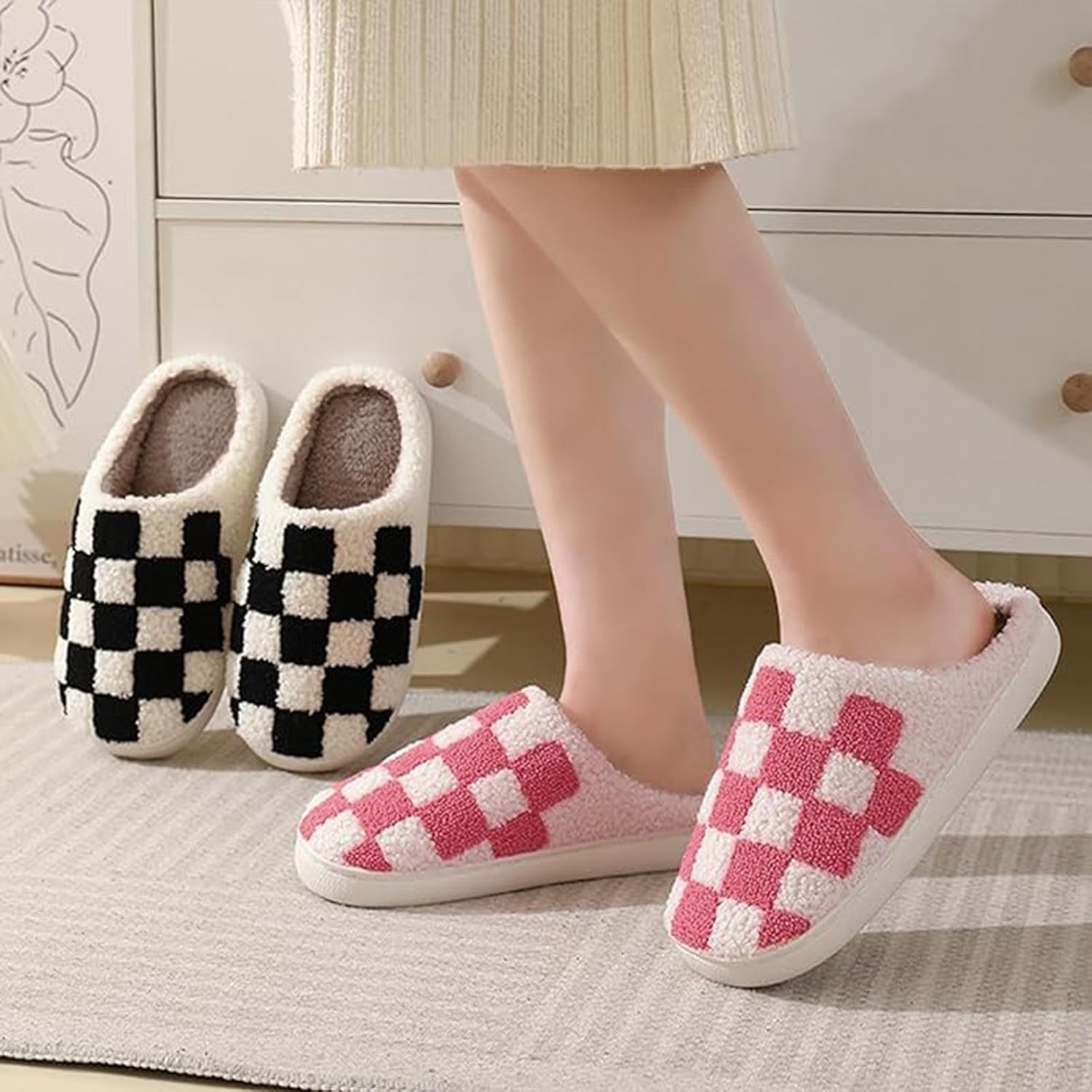 Checkered Slippers - Men & Women's Funny, Fluffy House & Outdoor Shoes - Memory Foam, Warm, Plush Bedroom Slippers for Winter - Image 2