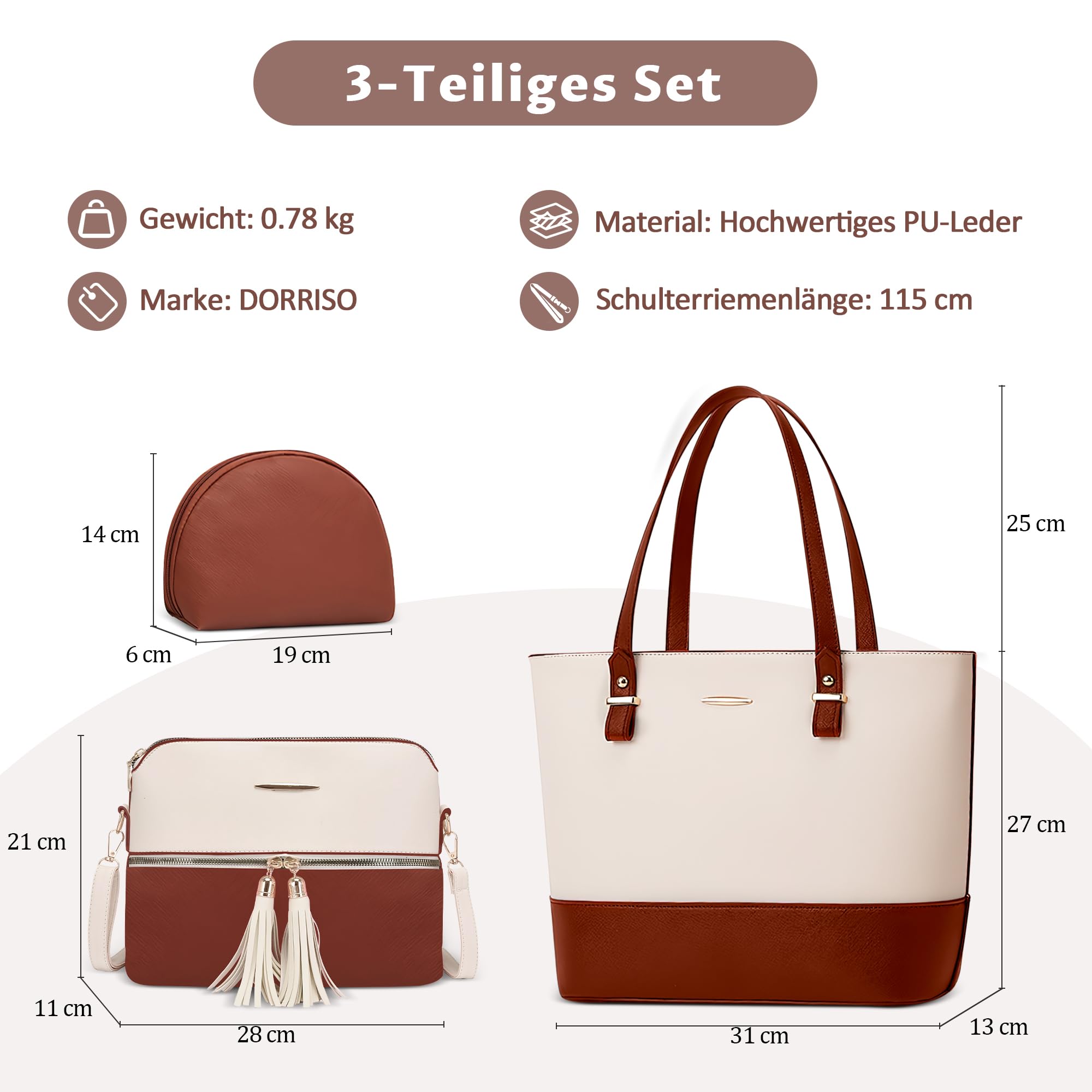 Damen Handtaschen Set 3-teilig, Elegante Shopper Tasche PU Leder mit Umhängetasche und Kosmetiktasche, Große Schultertasche für Arbeit, Freizeit, Shopping und Reise Weiß mit Braun