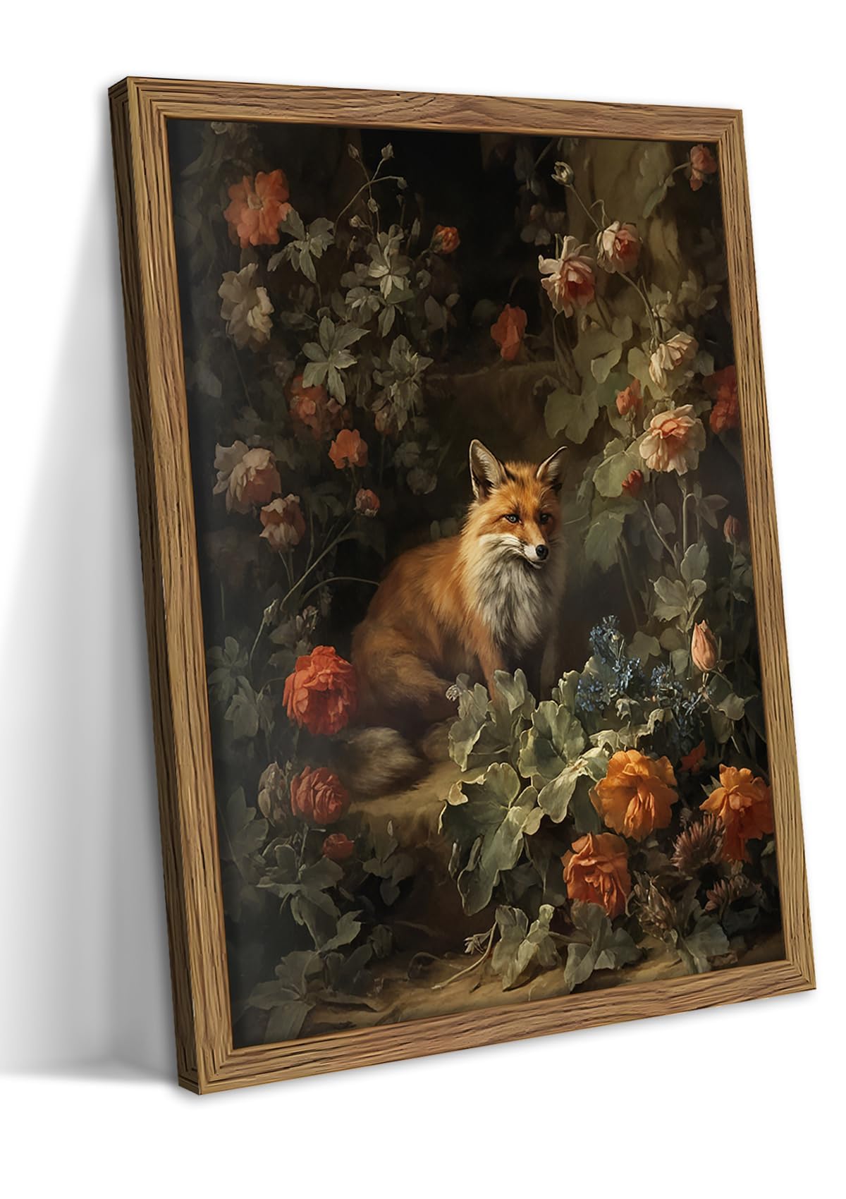 Framed Academia Fox Canvas Wall Art, Sitting Fox Surrounded by Flowers, Elegant Vintage Botanical Poster, Fine Art Print for Living Room Bedroom Study – Dark Wooden Frame 40x60 cm