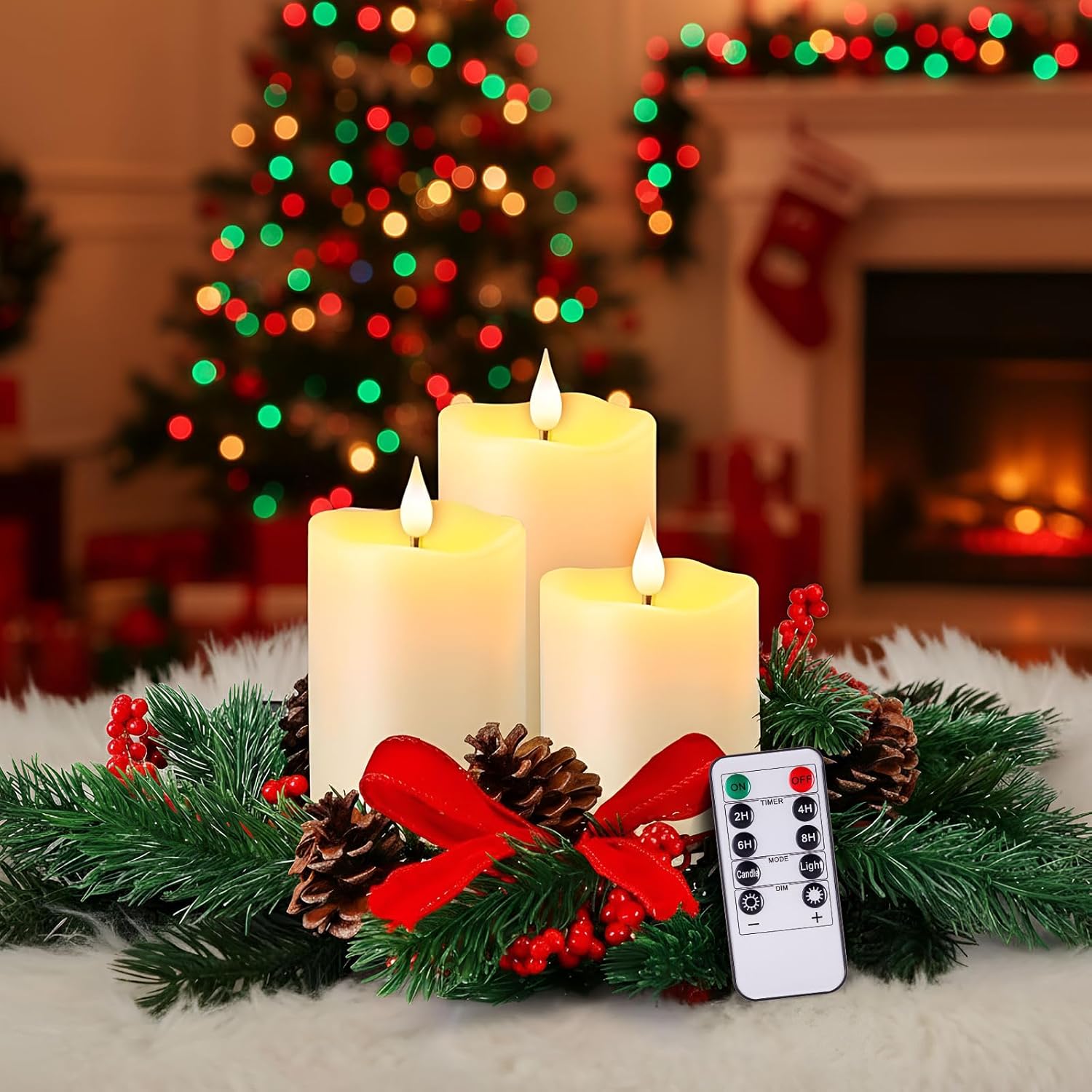 Retisee 1 Set Christmas Table Centerpiece Wreath with Remote Candles Romantic Tabletop Decoration Berry Bow Battery Operated Pillar Candle Centerpiece for Christmas Party (4,5,6 Inch,Ivory Color)