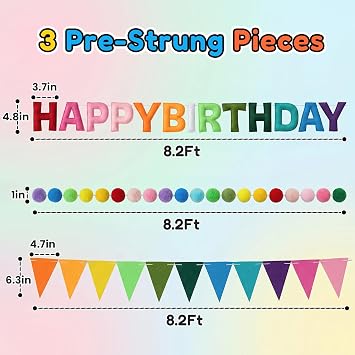 OLANRUN Birthday Decoration, with Happy Birthday Felt Garland Sign, Bunting Birthday, Pompom Garland, Reusable Rainbow Happy Birthday Party Decoration Banner for Girls, Boys, Women, Men
