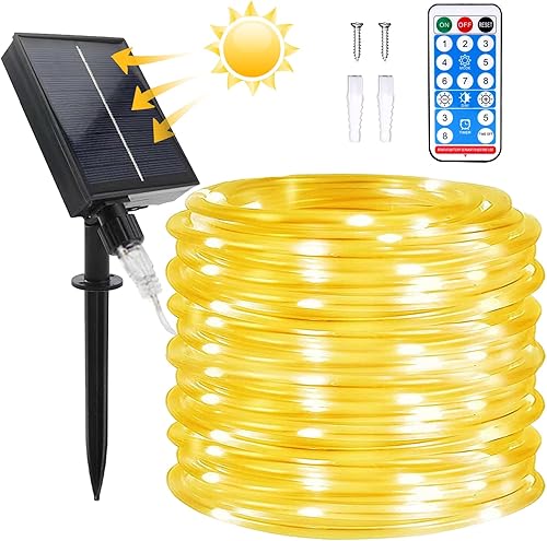 Tira de luces solares para exteriores, 72 pies, 8 modos, 200 luces LED solares de jardín, luz de tubo impermeable con control remoto para piscina,
