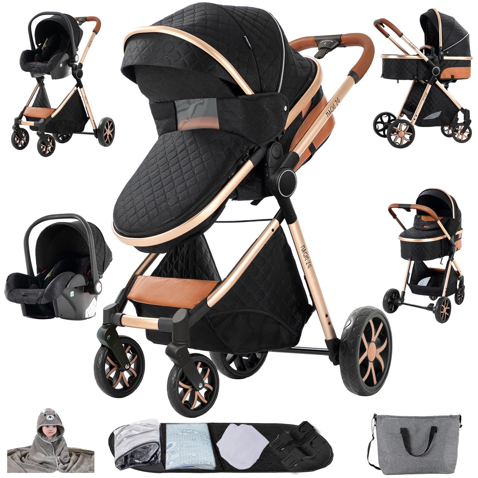 Carrito Bebe 3 en 1, Tejidos de Primera Calidad Carro Bebe 3 Piezas, Empuje Bidireccional Carros Para Bebes, Visión Abierta Silla Paseo Reversible (YV9 Black)