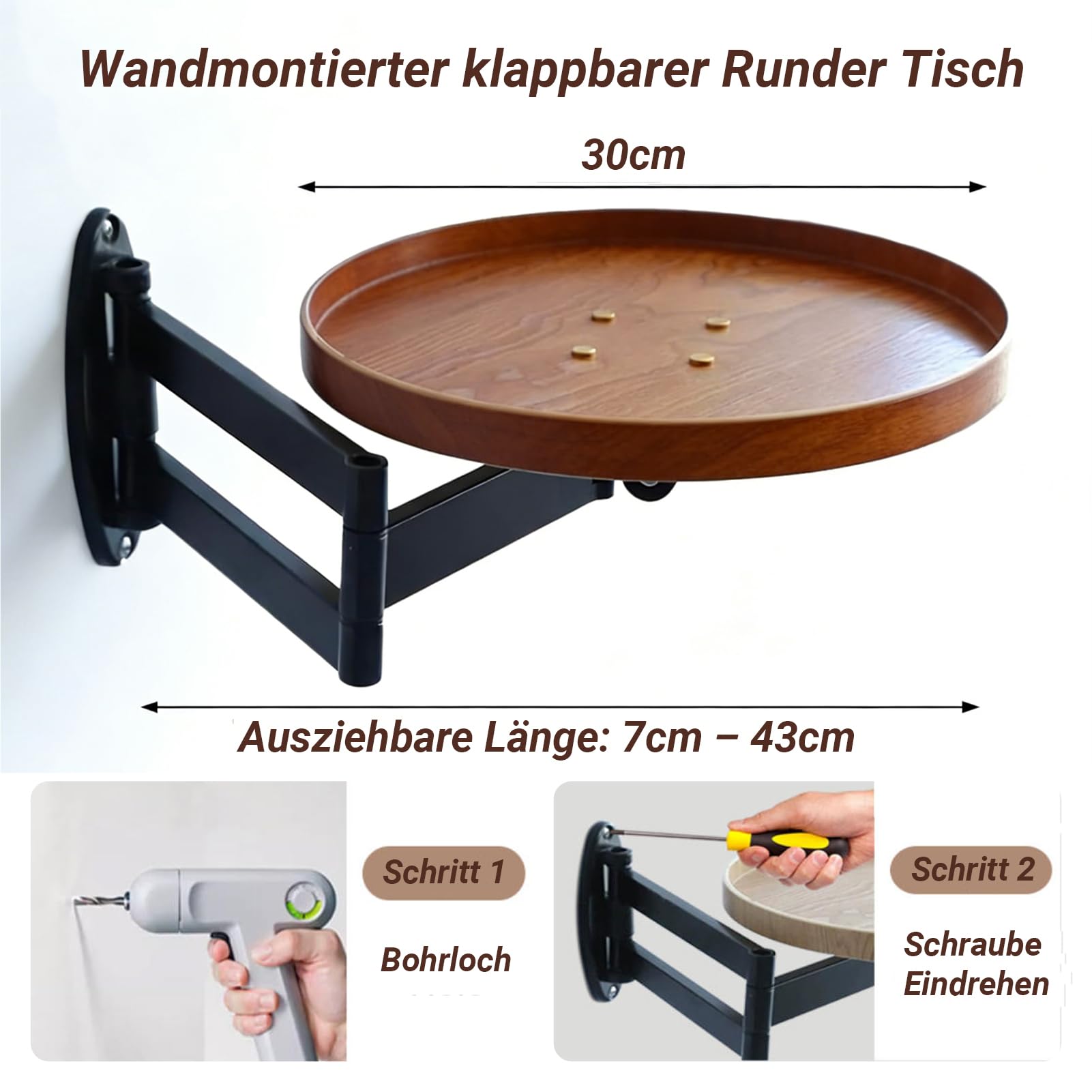 Rund Klapptisch Wand Holz Kleine Wandtisch Ausziehbar Klapptisch Platzsparend Schwebender Nachttisch für Schlafzimmer, Wohnzimmer (Bräunliche)