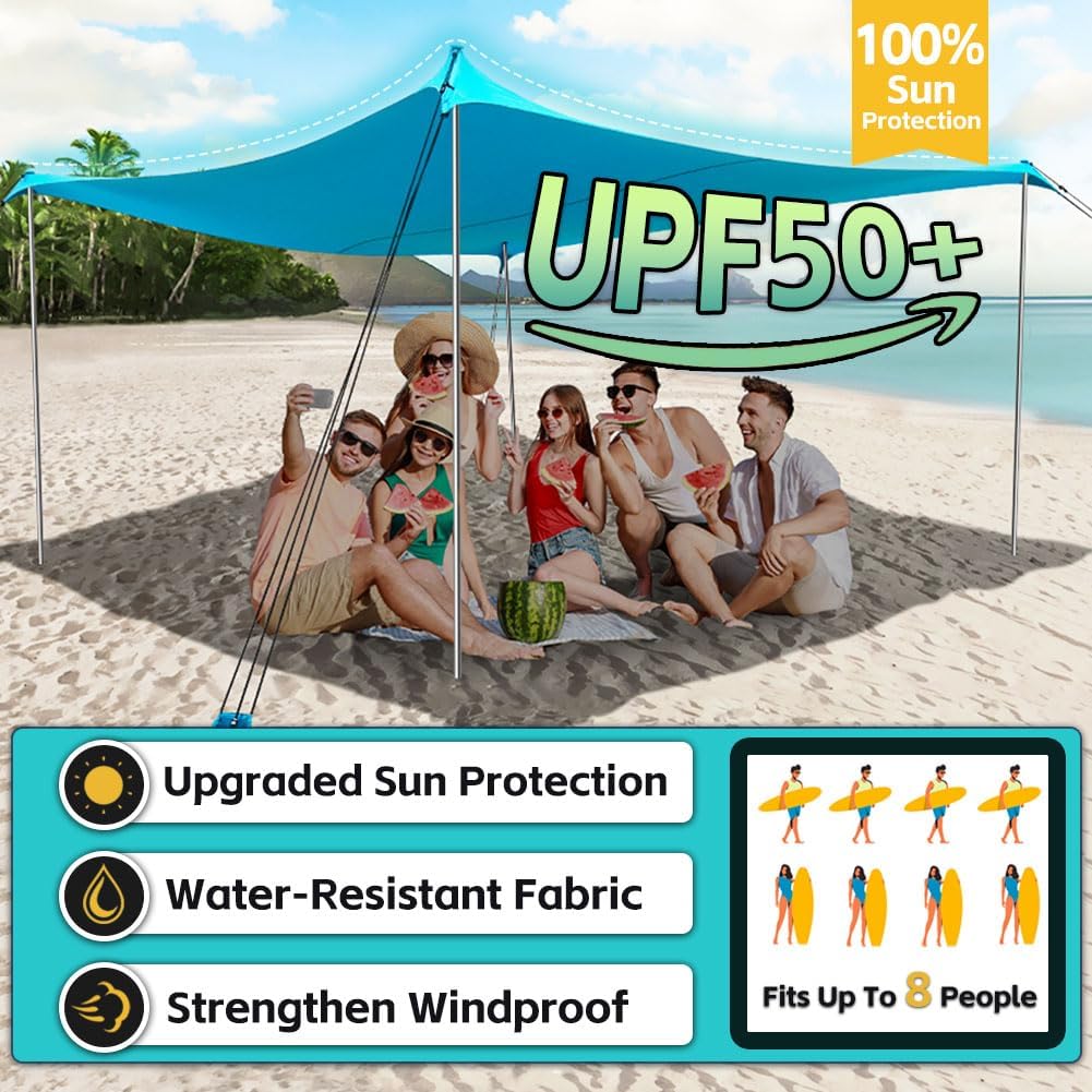 Beach Shade Tent, 10 × 10 Ft Portable Easy Pop Up Beach Canopy, UPF50+ Sun Protection Shelter, Windproof & Water Resistant, Stable with 4 Sandbags & Windproof Cords, Perfect for Family