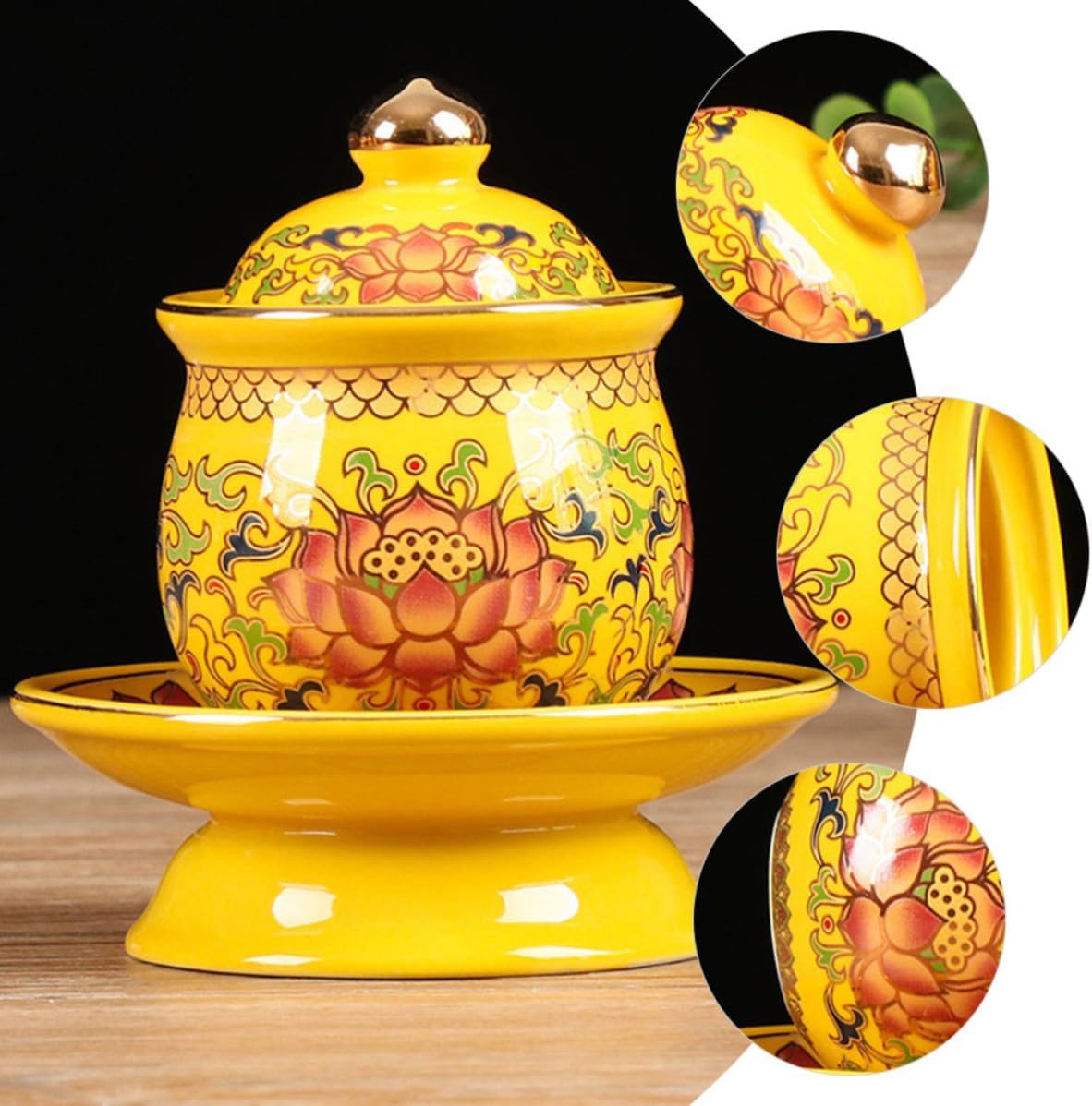 Ceramic Buddhist Water Offering Cup Yellow round Altar Worship