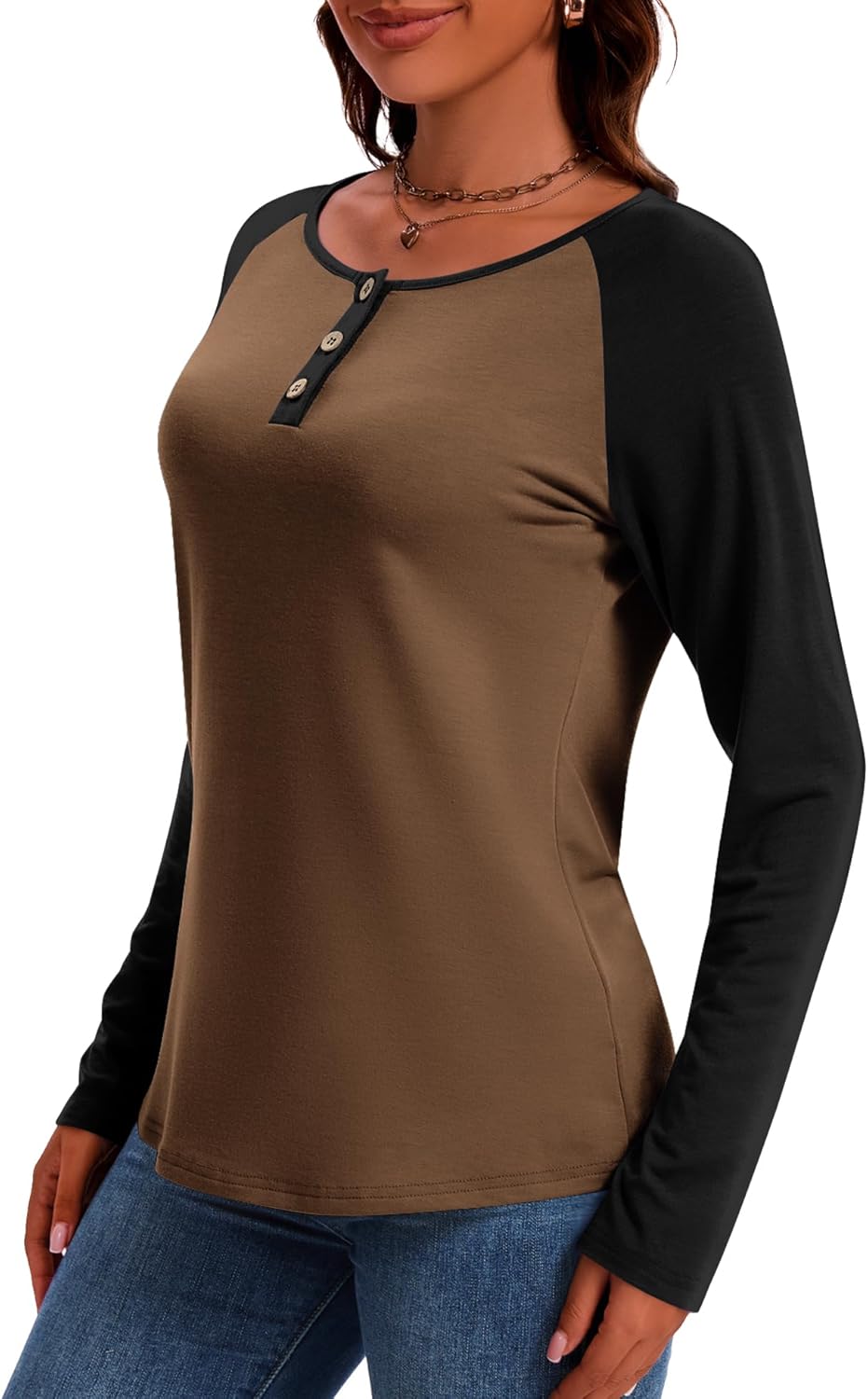 IECCP Long Sleeve Shirts for Women Casual Henley Tops Loose Fit Tshirt Dressy Color Block V Neck Button Womens Tunic Blouse - Image 6