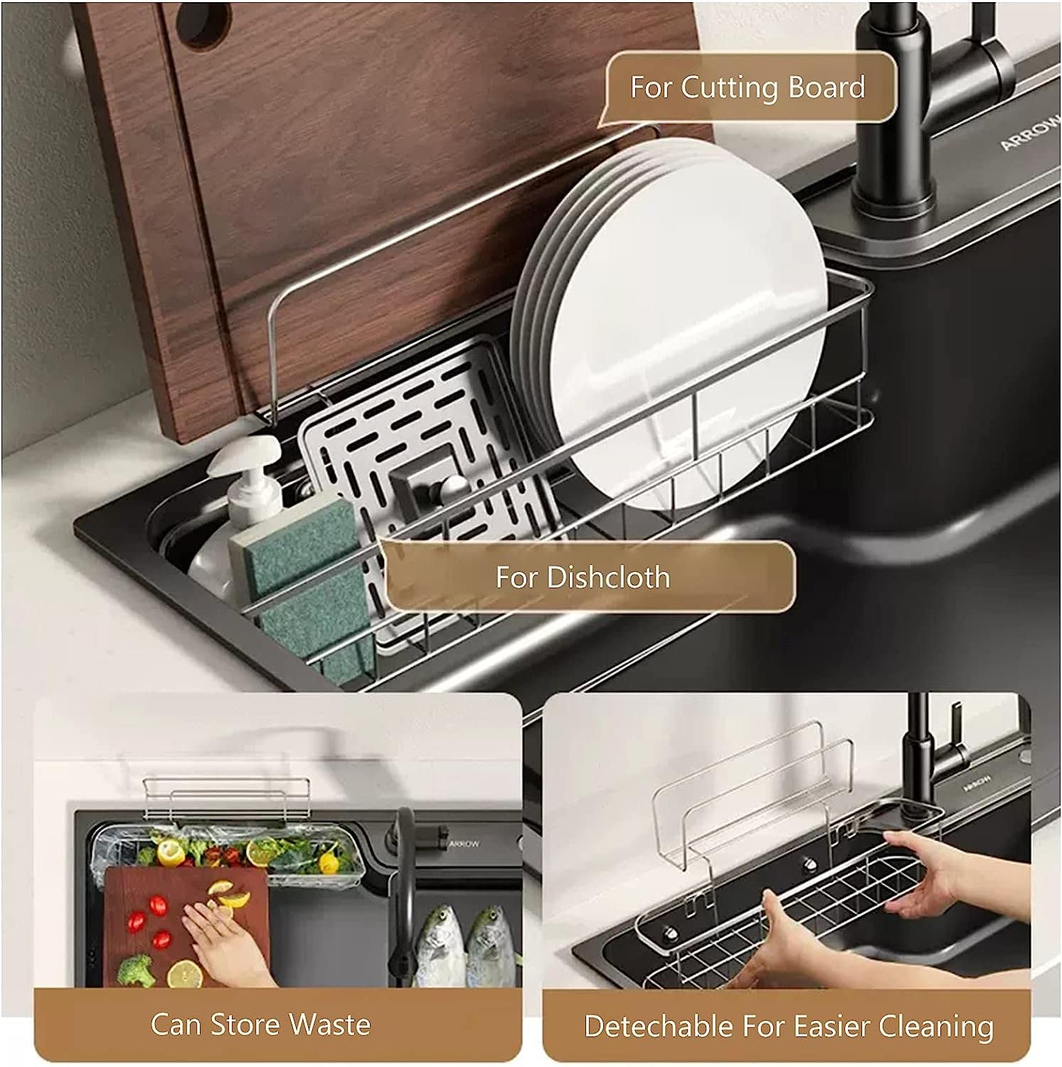 Fregadero de Barra de Cocina Negro Grande con Grifo extraíble, escurridor y Kits de instalación, Fregadero de Cocina de un Solo tazón de Acero Inoxidable 304 Grueso con nanorrevestimiento (t