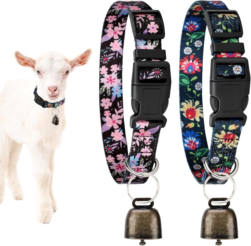 Coleira ajustável para cabras e ovinos com sino, estampas Floral Rosa e Preta, GINDOOR — Pacote com 2