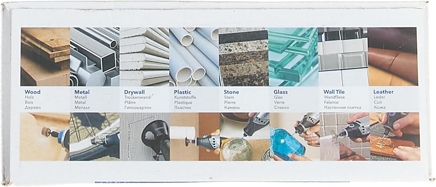 Product box showing various materials the Dremel 3000 can work on, including wood, metal, plastic, and glass