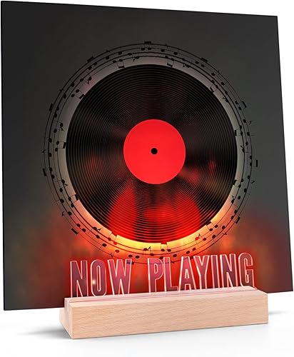 Soporte para discos de vinilo Now Playing, soporte de madera iluminado para álbum con letrero acrílico, LED multicolor que gira ahora en forma de