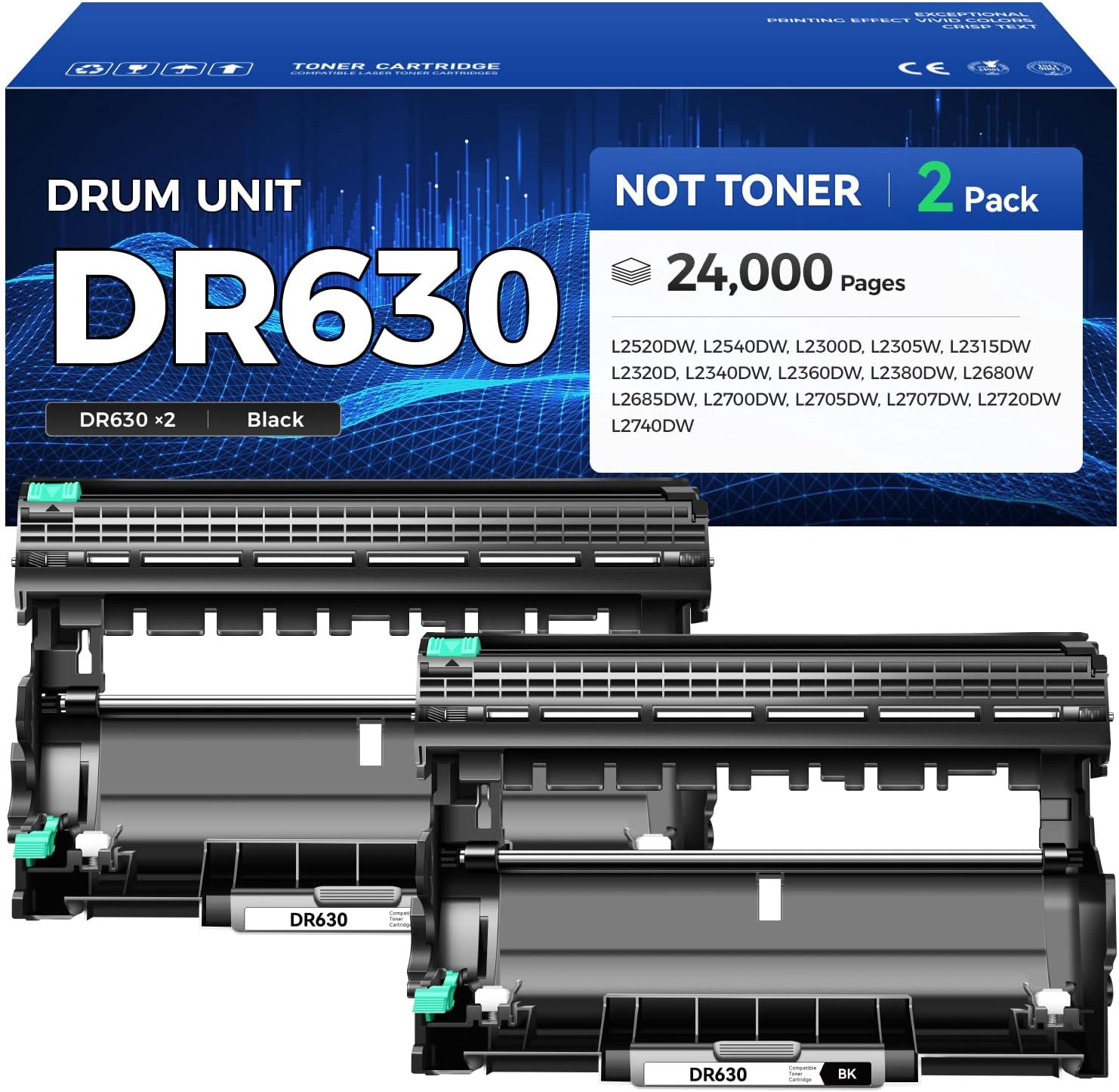 DR630 Drum Unit (Not Toner) 2-Pack Printer Replacement Compatible for Brother DR-630 Imaging Drum HL-L2380DW HL-L2320D HL-L2340DW DCP-L2540DW MFC-L2700DW MFC-L2720DW HL-L2300D HL-L2360DW MFC-L2740DW