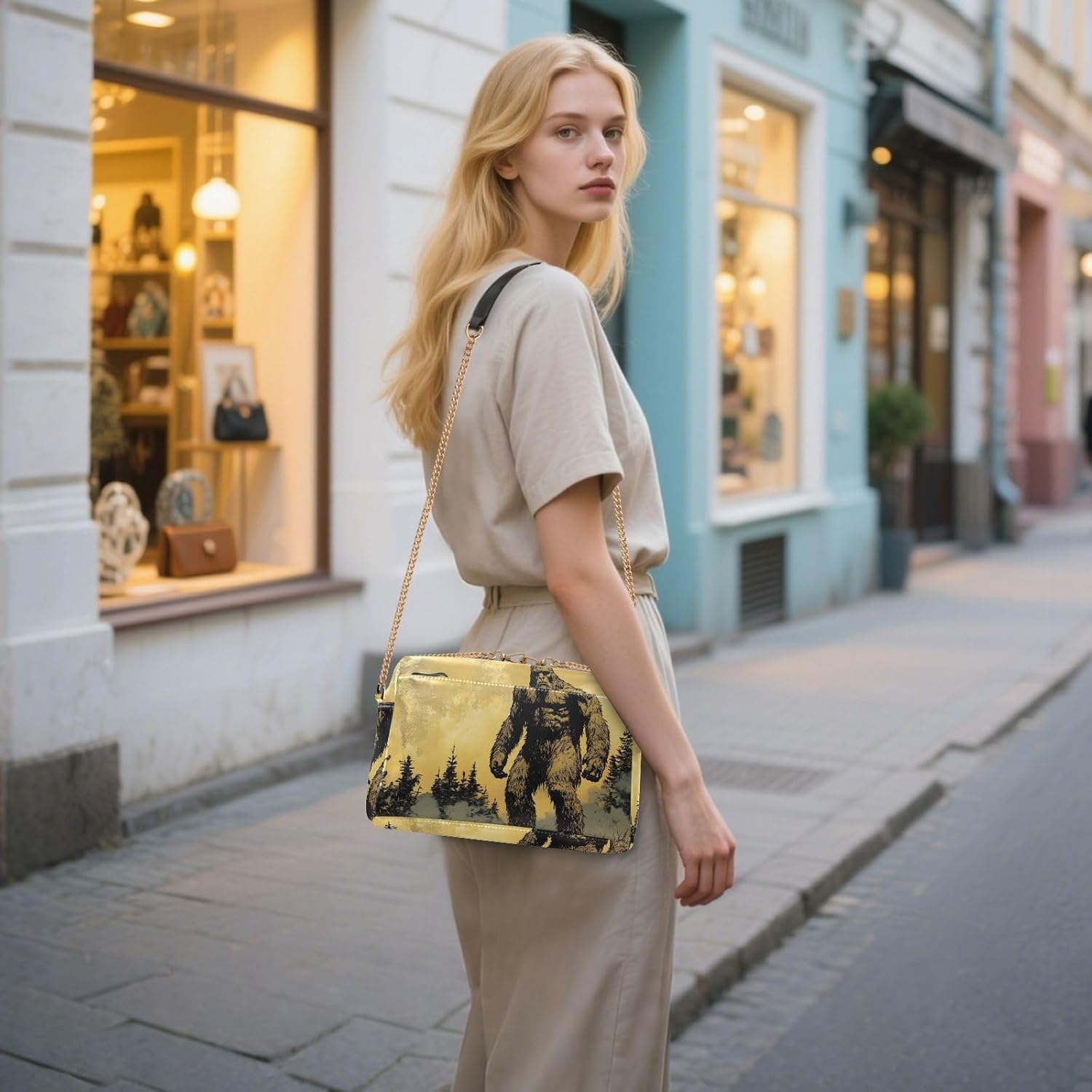 Women Crossbody Bag Shoulder Handbag Cellphone Purse PU Leather Metal Chain Strap Water Resistant Zipper Closure Comic Sasquatch Print